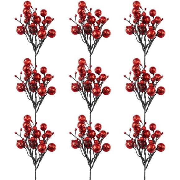 Red Christmas Berry Picks Decor Pack of 9 Artificial Glittered Berries Stems - Picture 7 of 7